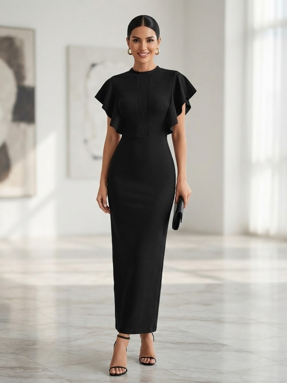 Chic Black Flutter-Sleeve Maxi Dress